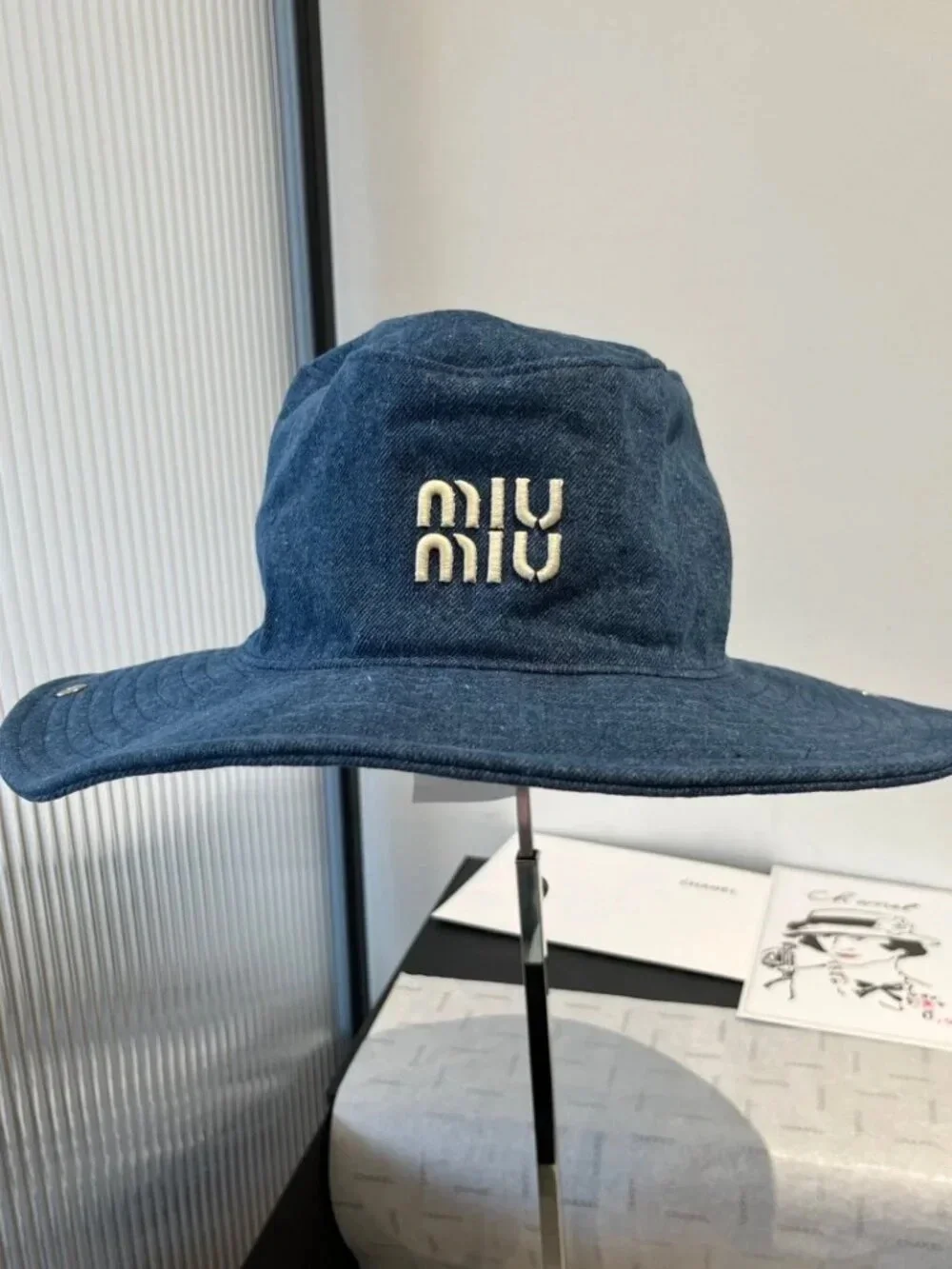 Miu Miu Denim Bucket Hat in Indigo Blue with White Logo